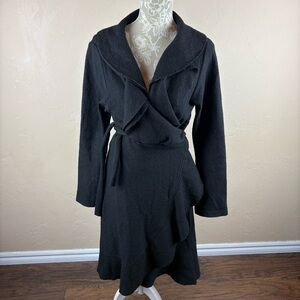Vintage Willi Smith Black 100% Boiled Wool Wrap Dress Ruffles Women’s Large